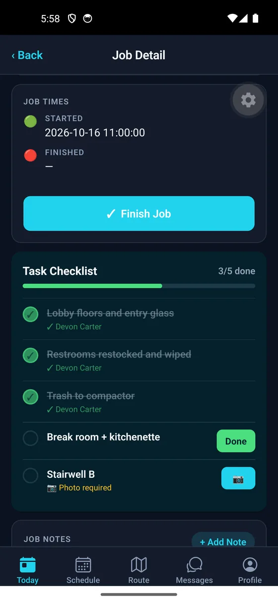 Task checklist three of five done, each completed task signed by the cleaner, with one task still requiring a photo
