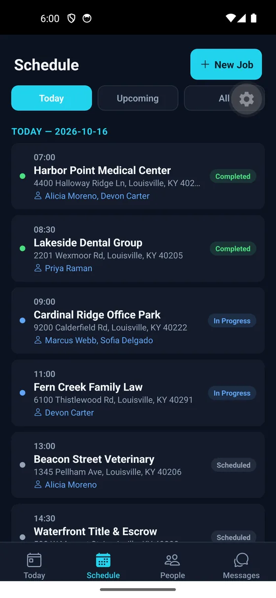 Manager schedule for the day, each job showing its status and the cleaners assigned to it