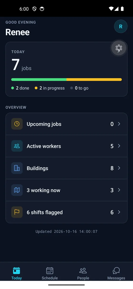 Manager view in the app: seven jobs today, two done, two in progress, with counts for clients and active workers