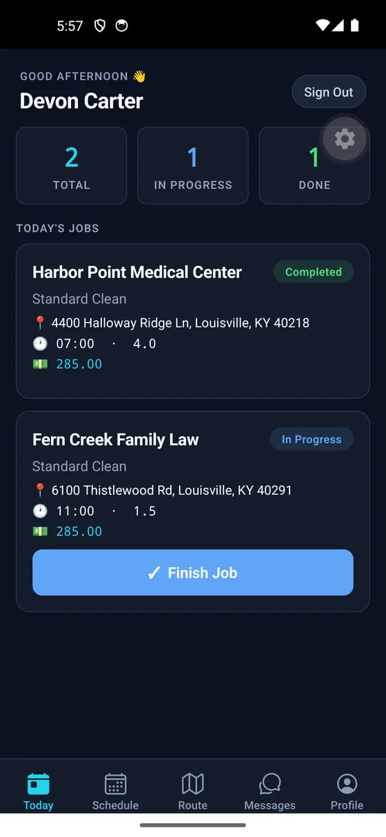 Crew app home screen: two jobs today, one completed and one in progress, with addresses and times