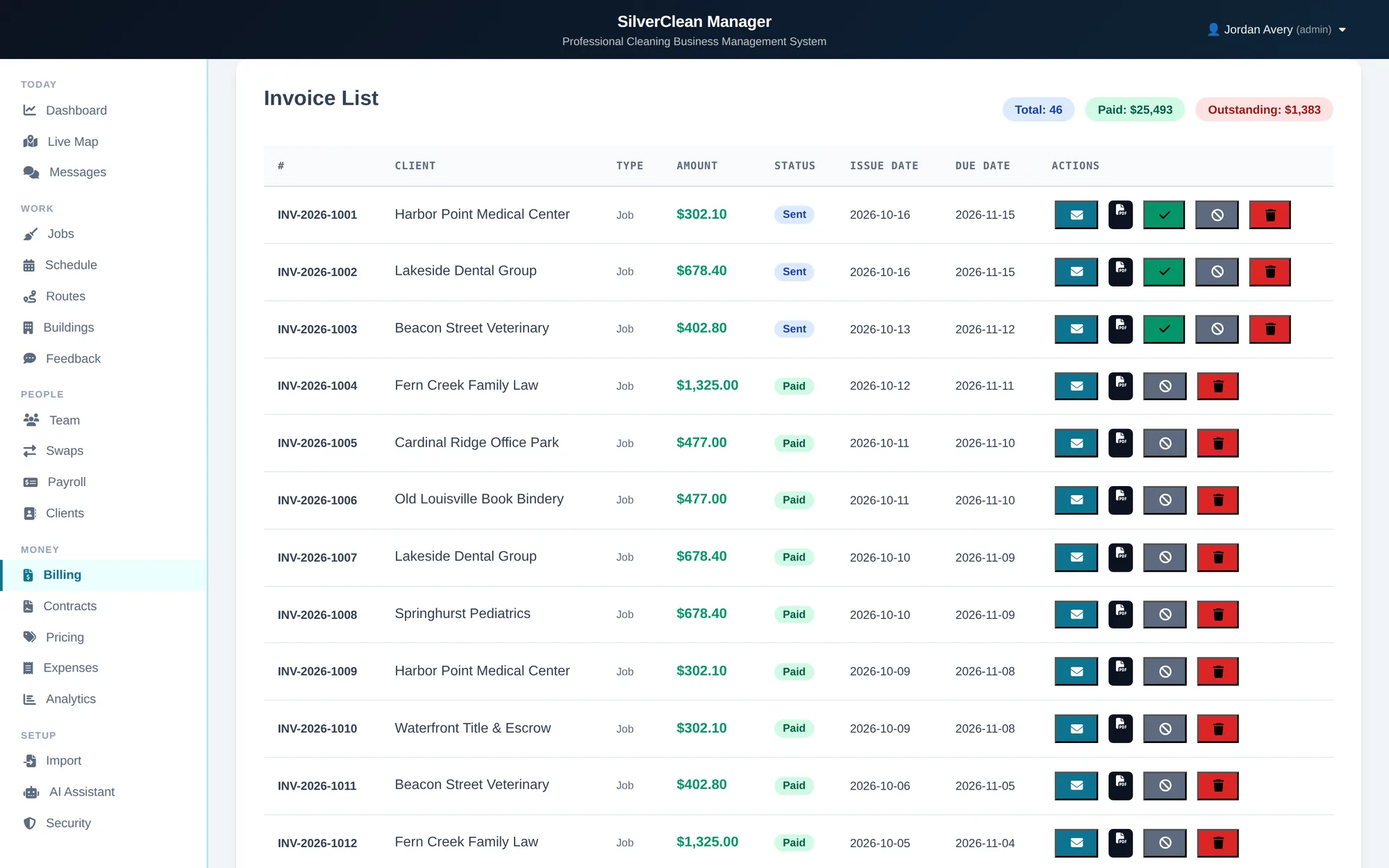 Billing tab: invoices with amounts, status and what is outstanding