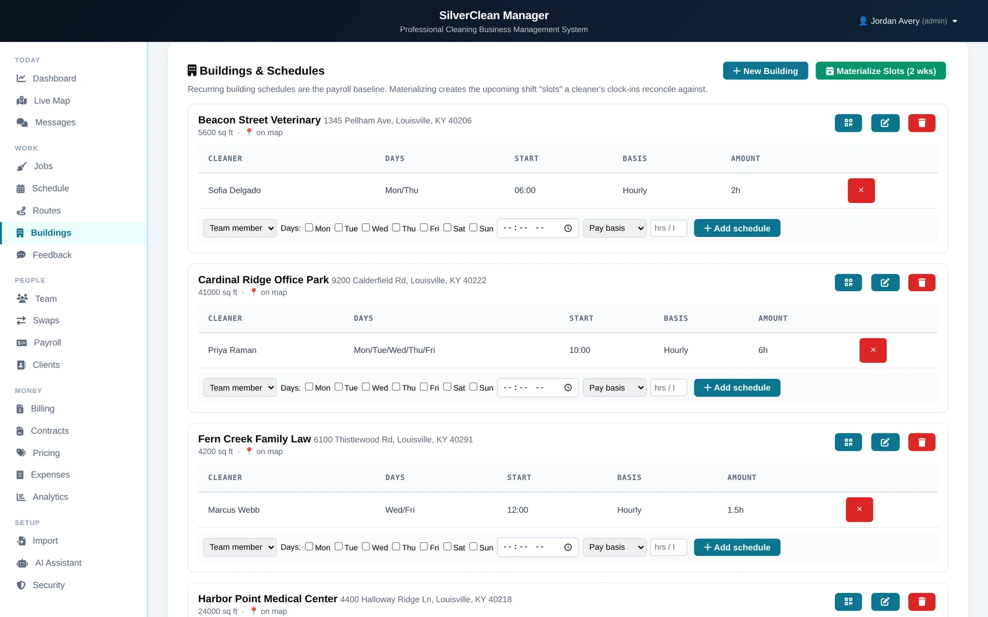 Buildings tab: recurring cleaning schedules per building with assigned crew
