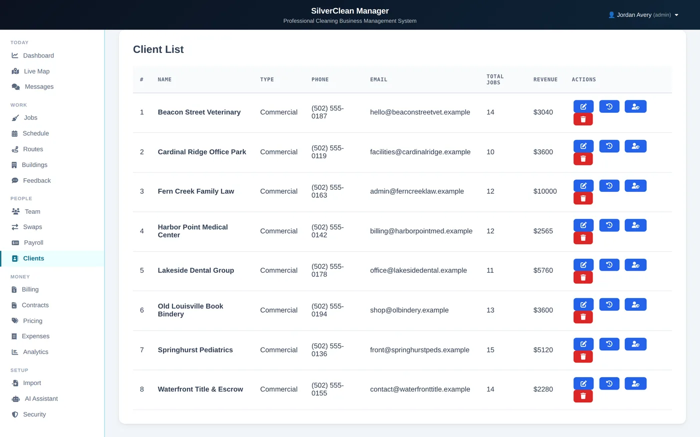The clients tab, where portal access is granted per contact