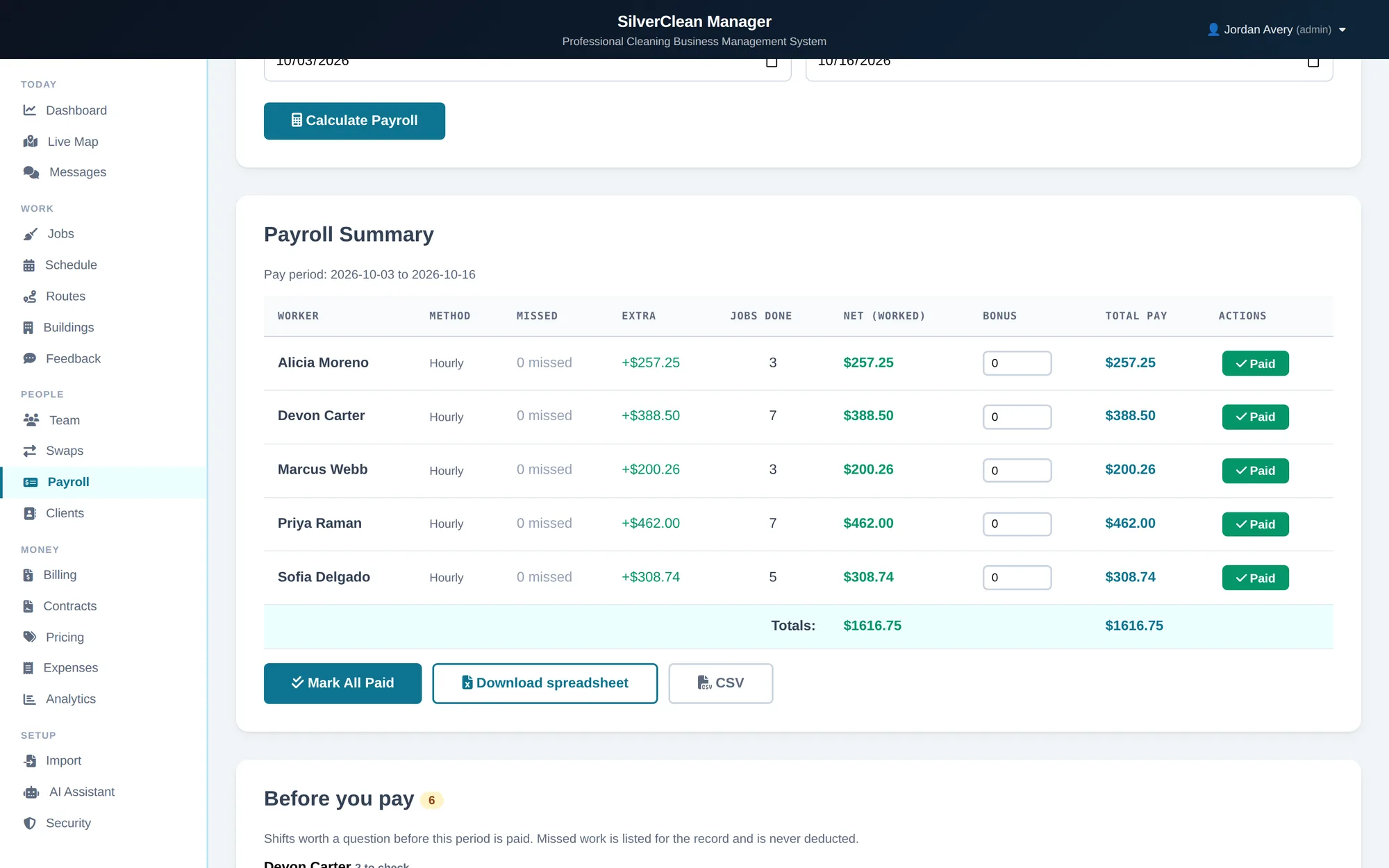 Payroll summary built from clock-in and clock-out times